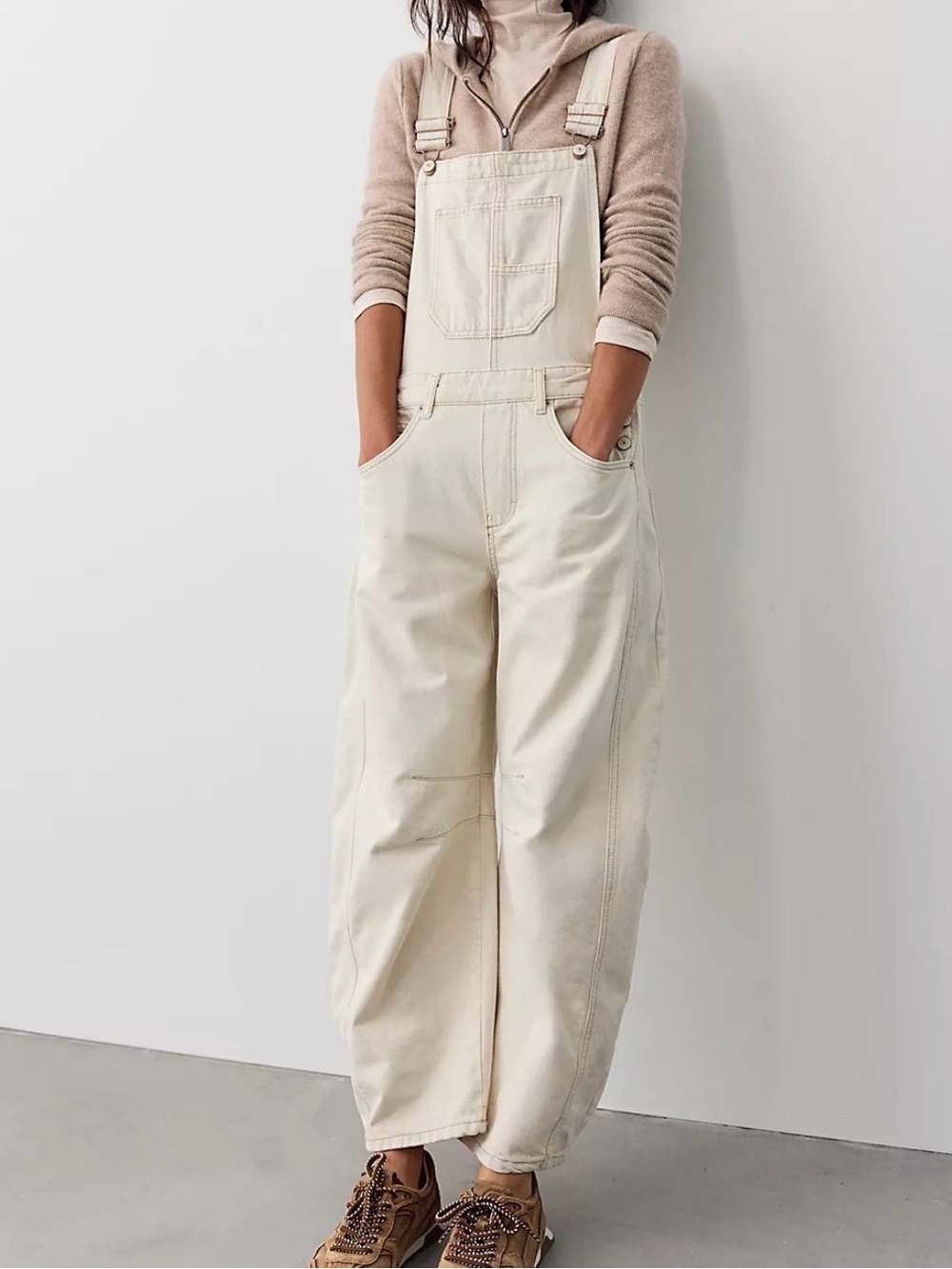 Free People We The Free Good Luck Barrel Leg Overalls Small Cream